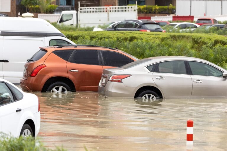 Carro submerso em alagamento durante enchente urbana