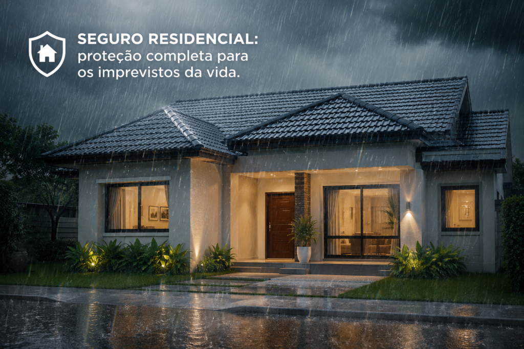 Casa protegida por seguro residencial durante forte chuva, ilustrando cobertura contra enchente e danos elétricos