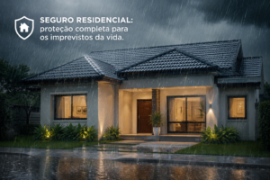 Casa protegida por seguro residencial durante forte chuva, ilustrando cobertura contra enchente e danos elétricos